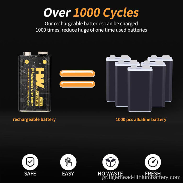 2 ΤΕΜ 9V 4500mWh USB-C Επαναφορτιζόμενη μπαταρία λιθίου
